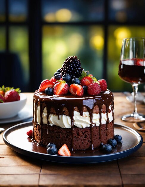 Foto chocoladekoek met slagroom en vers fruit op een donkere achtergrond