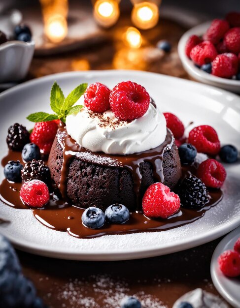 Foto chocoladekoek met slagroom en vers fruit op een donkere achtergrond