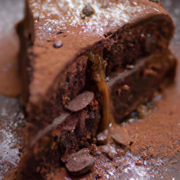 Chocoladekoek met vulling en cacao Closeup