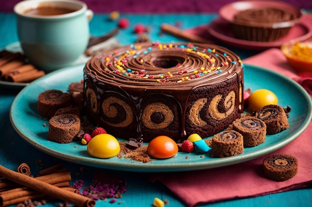 Chocoladekoekjes en kaneelstokjes op een kleurrijk bord