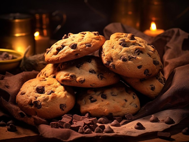 chocoladekoekjes op een dienblad met een kaars op de achtergrond.