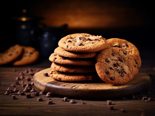 chocoladekoekjes op een houten bord met een zwarte pot op tafel.