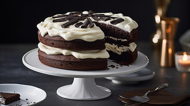 Chocoladekoekjescake met slagroomglazuur op standaard