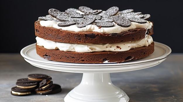 Chocoladekoekjescake met slagroomglazuur op standaard