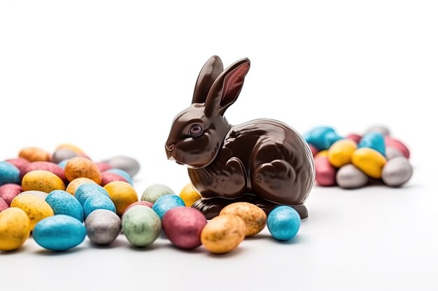 Chocoladekonijn omringd door chocolade-eieren Generatieve AI