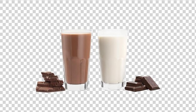 Chocolademelk in een glas in chocoladestukken en melkglas op een doorzichtige achtergrond