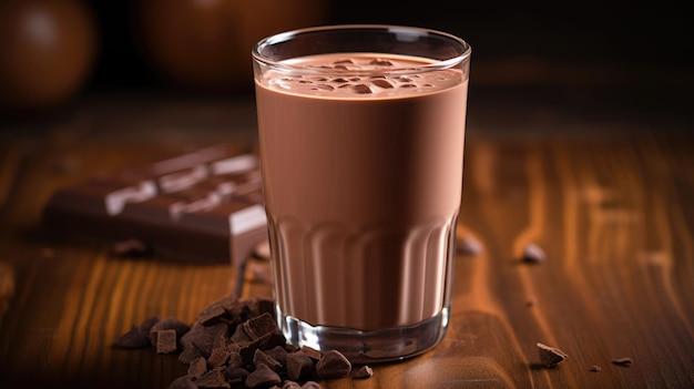 Chocolademelk in een glas op een houten tafel.