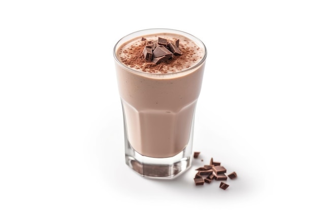 Chocolademilkshake of smoothie met stukjes chocolade op een witte achtergrond Generatieve AI