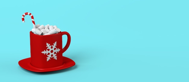 Chocolademok gevuld met marshmallows met suikerriet en sneeuwvlokken Winterdrank
