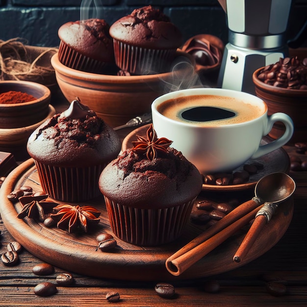 Chocolademuffins met warme koffie op een houten achtergrond