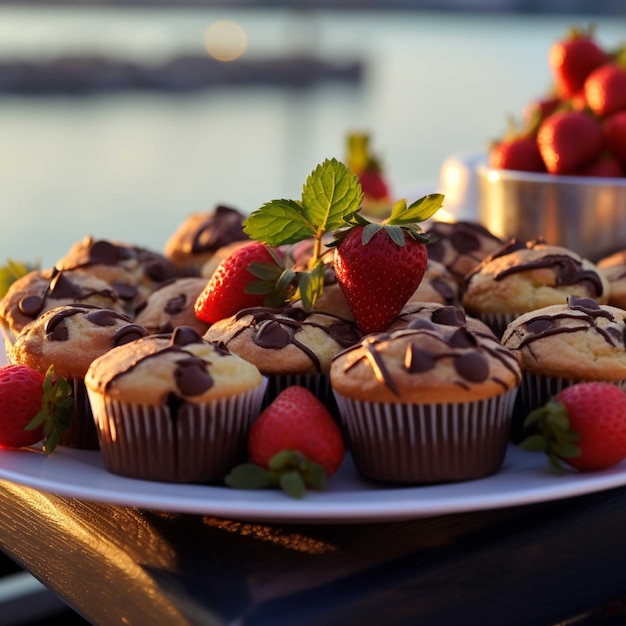 Chocolademuffins op een bord op een houten achtergrond Selectieve aandacht