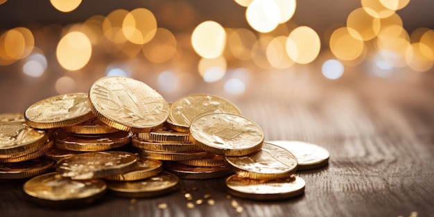 chocolademuntjes gewikkeld in gouden folie op een houten tafel op de achtergrond van een gloeiende krans kopieerruimte hoge kwaliteit