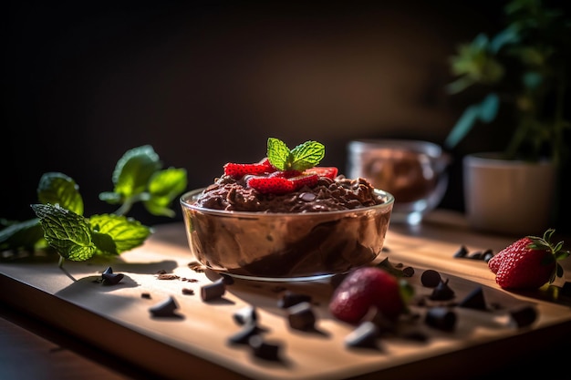 Chocoladepudding met aardbeien en chocoladeschilfers op een houten tafel