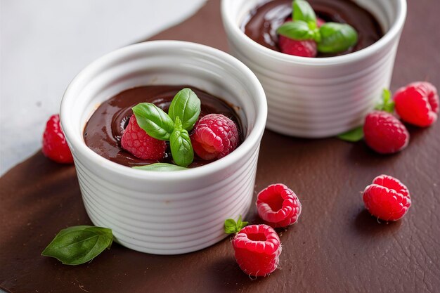 Foto chocoladepudding met frambozen en basilicum gebakken in ramekins