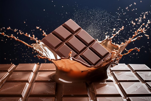 Chocoladereep met splash Foto realistische chocoladereep die chocolade splash Chocolate Day binnengaat