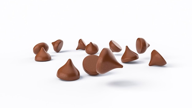 Chocoladeschilfers die op witte vloer vallen 3d illustratie