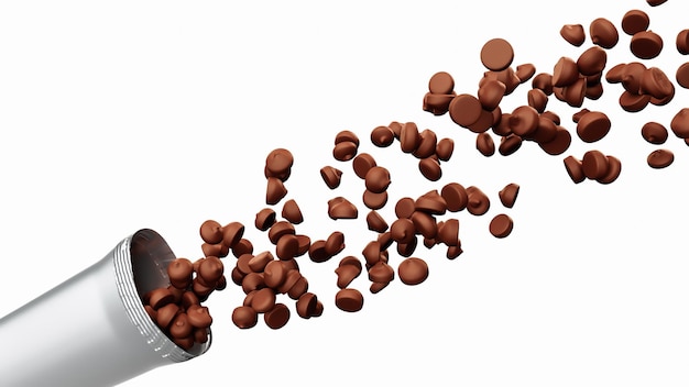 Chocoladeschilfers die uit het snackverpakkingspakket in 3d illustratie morsen Stapel van meerdere stukjes