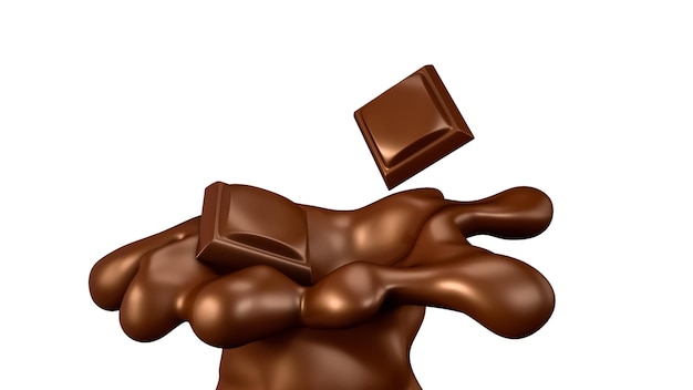 Chocoladestukjes die op chocoladeplons vallen 3d illustratie