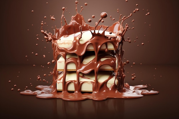 Chocoladestukjes die overgaan in chocoladesaus en melkgeneratieve AI