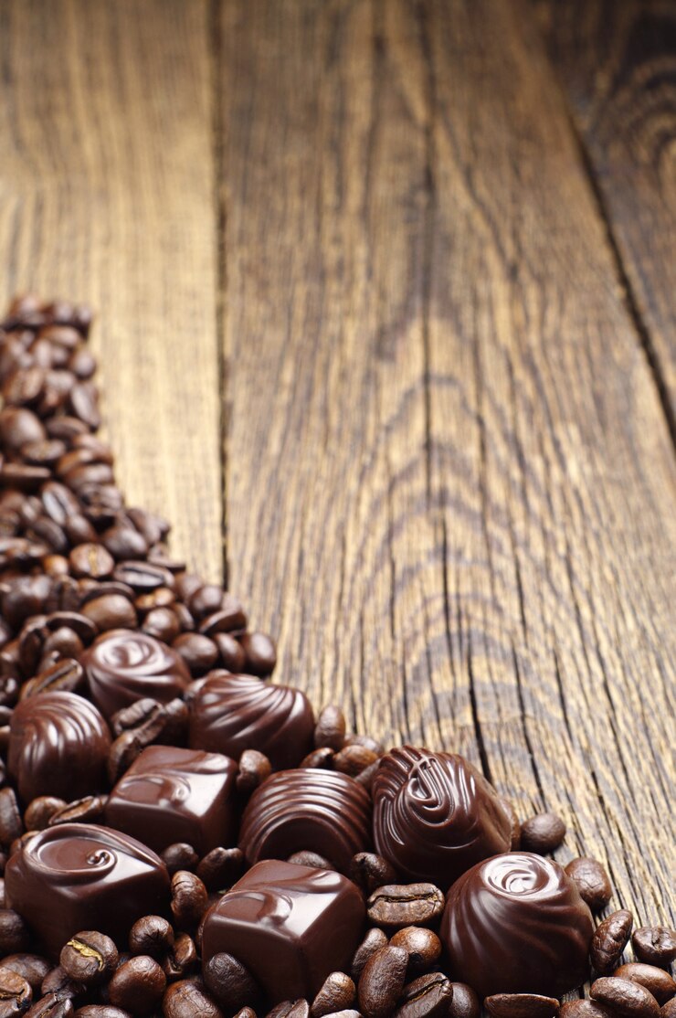 Chocoladesuikergoed met koffiebonen op houten achtergrond