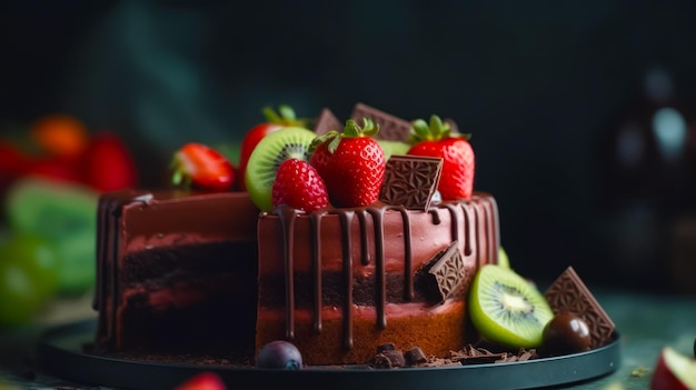 Chocoladetaart met aardbeien en kiwi's er bovenop Generatieve AI