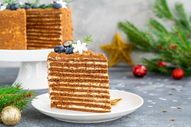 Chocoladetaart met bosbessen, rozemarijn en suikersneeuwvlokken Taart voor Kerstmis en Nieuwjaar