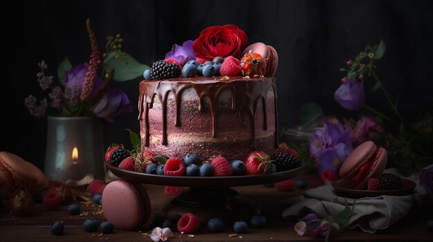 Chocoladetaart met smeltende chocolade met daarop bessen en bloemen en bitterkoekjes