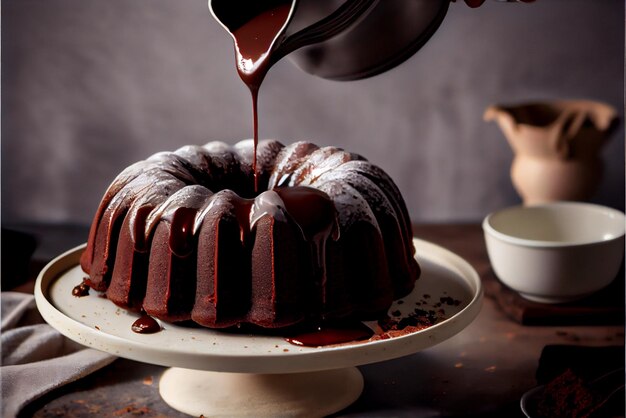 Foto chocoladetaart op tafel, met chocoladesaus die over de taart valt, generative ai