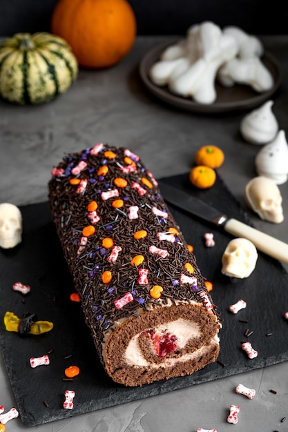 Chocoladetaartbroodje met room en kersen versierde suikerspin voor halloween