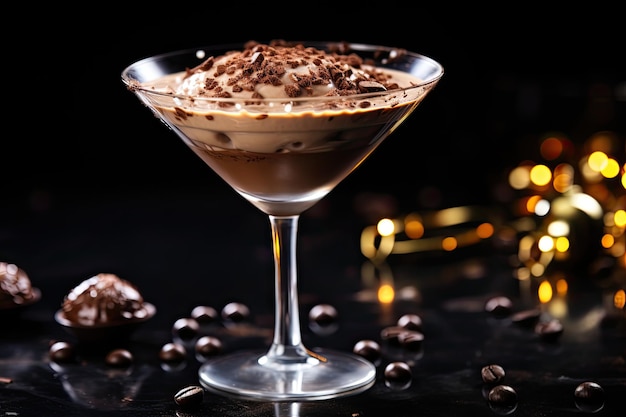 Chocoladetruffel Martini Puding op zwarte achtergrond kopie ruimte Mudslide Truffeltini Pudding