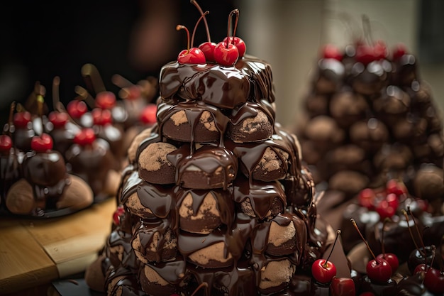 Chocoladetruffel toren gegarneerd met chocolade motregen en kers