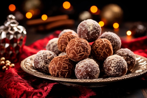 Foto chocoladetruffels op een bord met kerstornamentachtergrond
