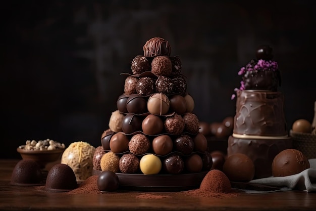 Chocoladetruffeltoren met verschillende smaken en texturen