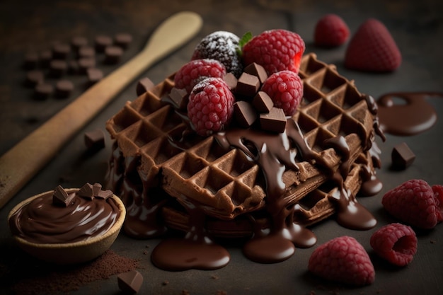 Chocoladewafels met frambozen en chocoladesiroop