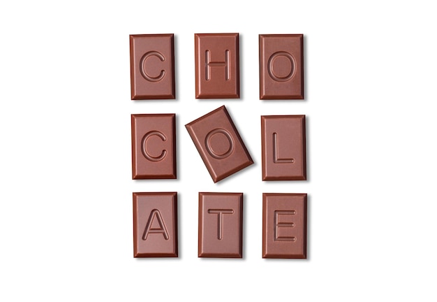 Chocoladewoord gemaakt van chocoladeblokjes