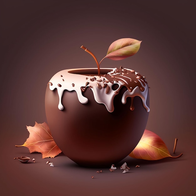 A chocolate apple with white icing and leaves on a brown background.