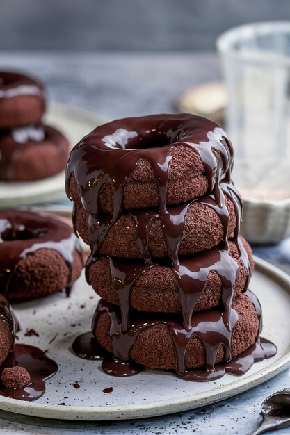 Chocolate baked donuts stacked with chocolate glaze pouring over