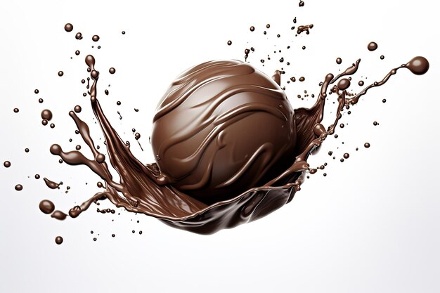 Chocolate ball flying onto white background and splashing