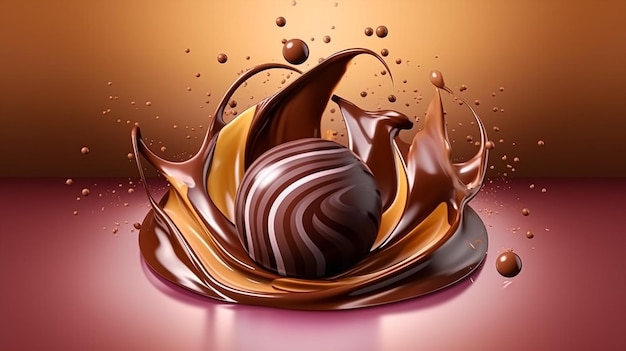 초콜릿 볼이 초콜릿 소용돌이 속으로 떨어지고 있습니다.