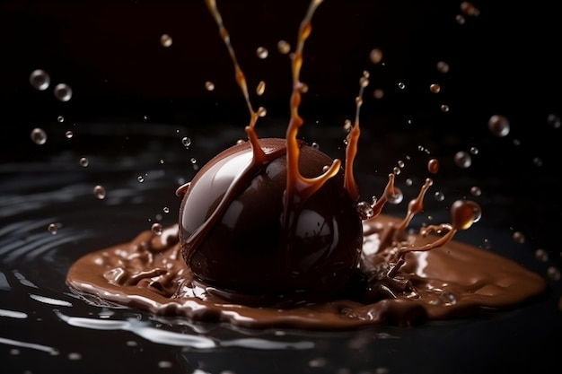 A chocolate ball is poured into a dark surface.