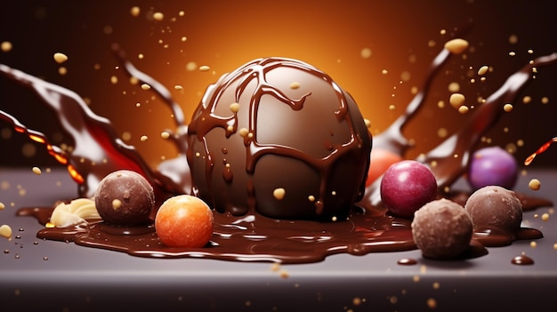 A chocolate ball with a splash of chocolate on it