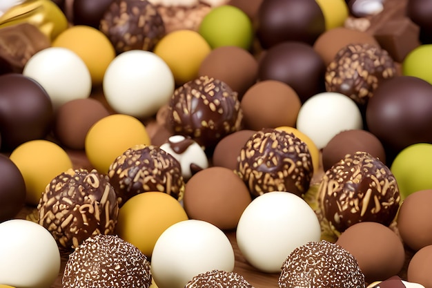 Шоколадные шарики, украшенные в белой тарелке орехами и кокосовой стружкой, восхитительно сливочным шоколадом