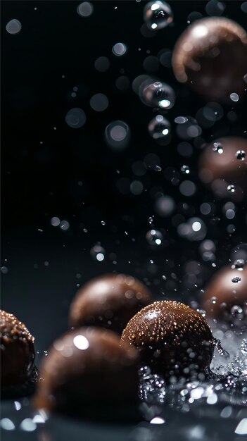 Chocolate balls flying with water drops on dark background