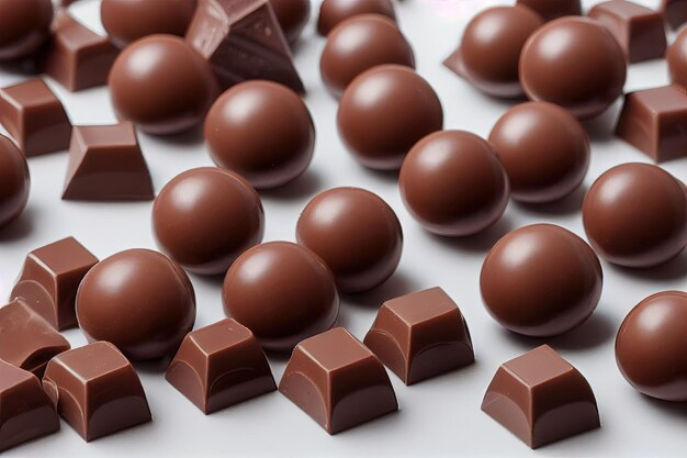 Chocolate balls and milk chocolate cubes on white background