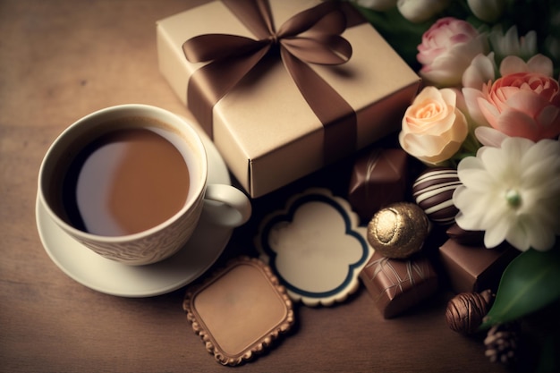 사탕 한 병과 커피 한 잔 옆 접시에 있는 초콜릿 볼 트러플 AI Generative