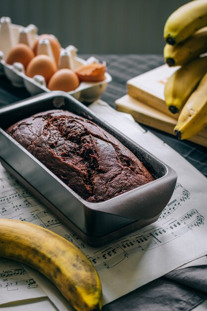 Chocolate banana bread, morning breakfast 