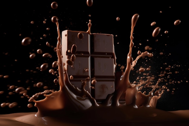 A chocolate bar is in the dark with a splash of chocolate in the background.