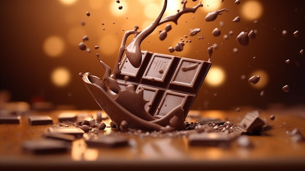 A chocolate bar is falling into a dark background