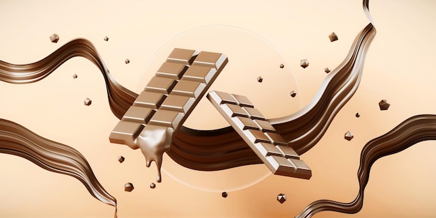 Illustrazione di rendering 3d di marketing commerciale di barretta di cioccolato e liquido spash