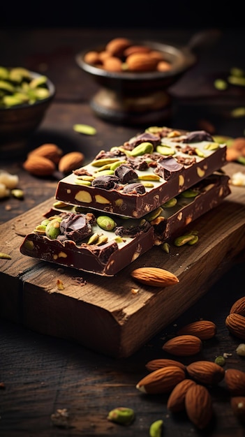 Chocolate bar with almond and pistachios on wooden board rustic style